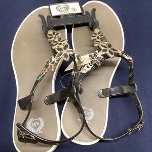 BLACK AND GOLD FLOWER STRAP SANDALS - NEW WITHOUT PACKAGING